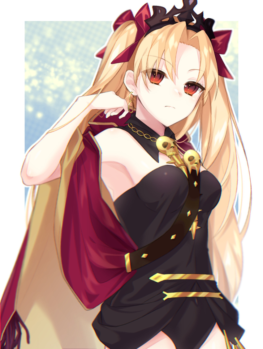 1girl armpits bangs bare_shoulders between_breasts black_detached_collar black_dress black_leotard blonde_hair breasts cape cleavage closed_mouth commentary_request crown detached_collar dress earrings ereshkigal_(fate/grand_order) eyebrows_visible_through_hair eyes_visible_through_hair fate/grand_order fate_(series) female hair_ribbon hand_up highres hoop_earrings jewelry leotard long_hair looking_at_viewer medium_breasts mtgomi_3 neck orange_eyes parted_bangs red_cape red_ribbon ribbon serious short_dress skull solo strapless strapless_dress tohsaka_rin two_side_up type-moon