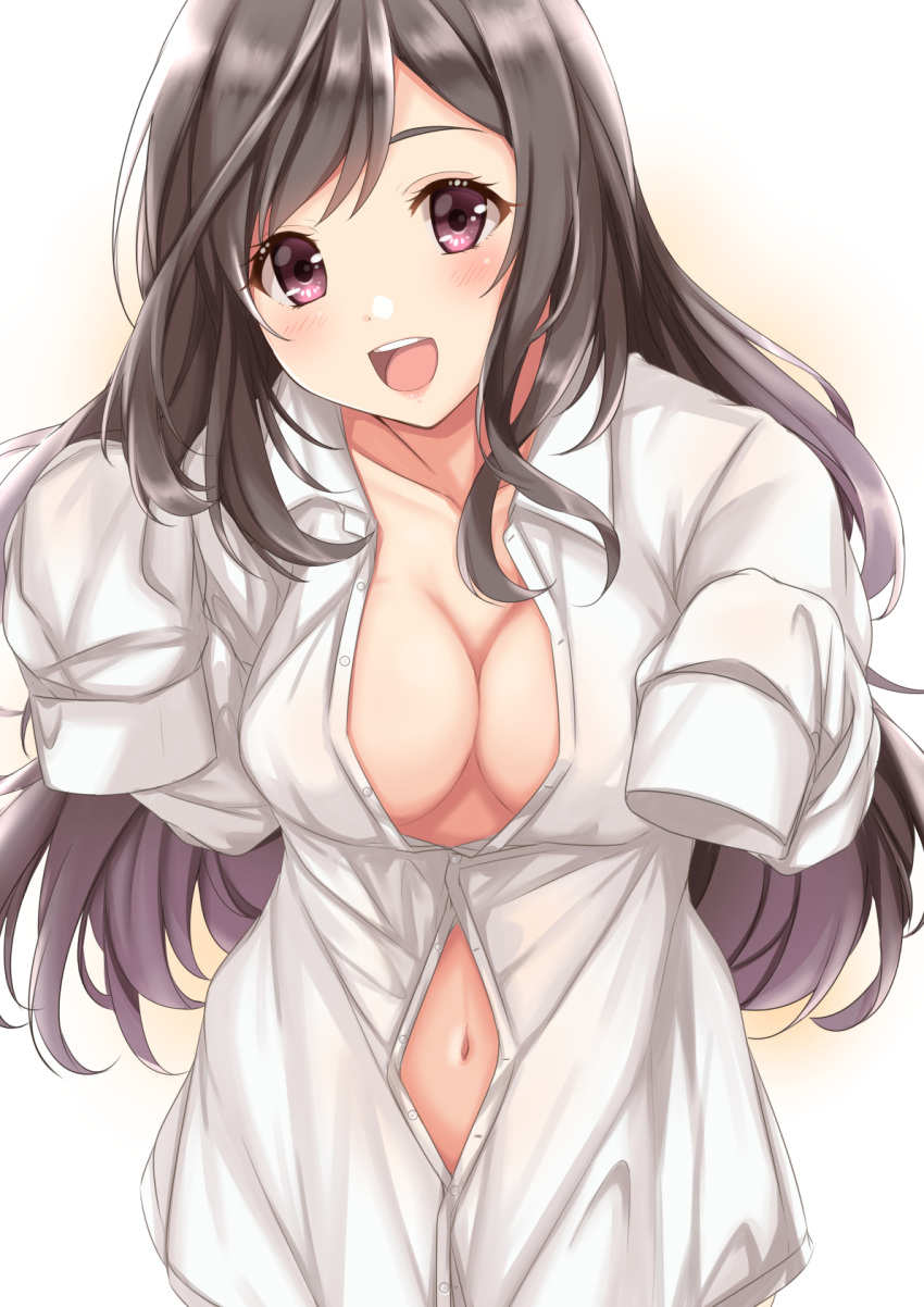 1girl :d black_hair blush breasts cleavage collarbone dress_shirt head_tilt highres idolmaster idolmaster_shiny_colors long_hair looking_at_viewer medium_breasts naked_shirt navel no_bra open_clothes open_mouth open_shirt oversized_clothes partially_unbuttoned shirt sleeves_past_fingers sleeves_past_wrists smile solo tsukioka_kogane upper_body violet_eyes yuzuyu_(hyui)