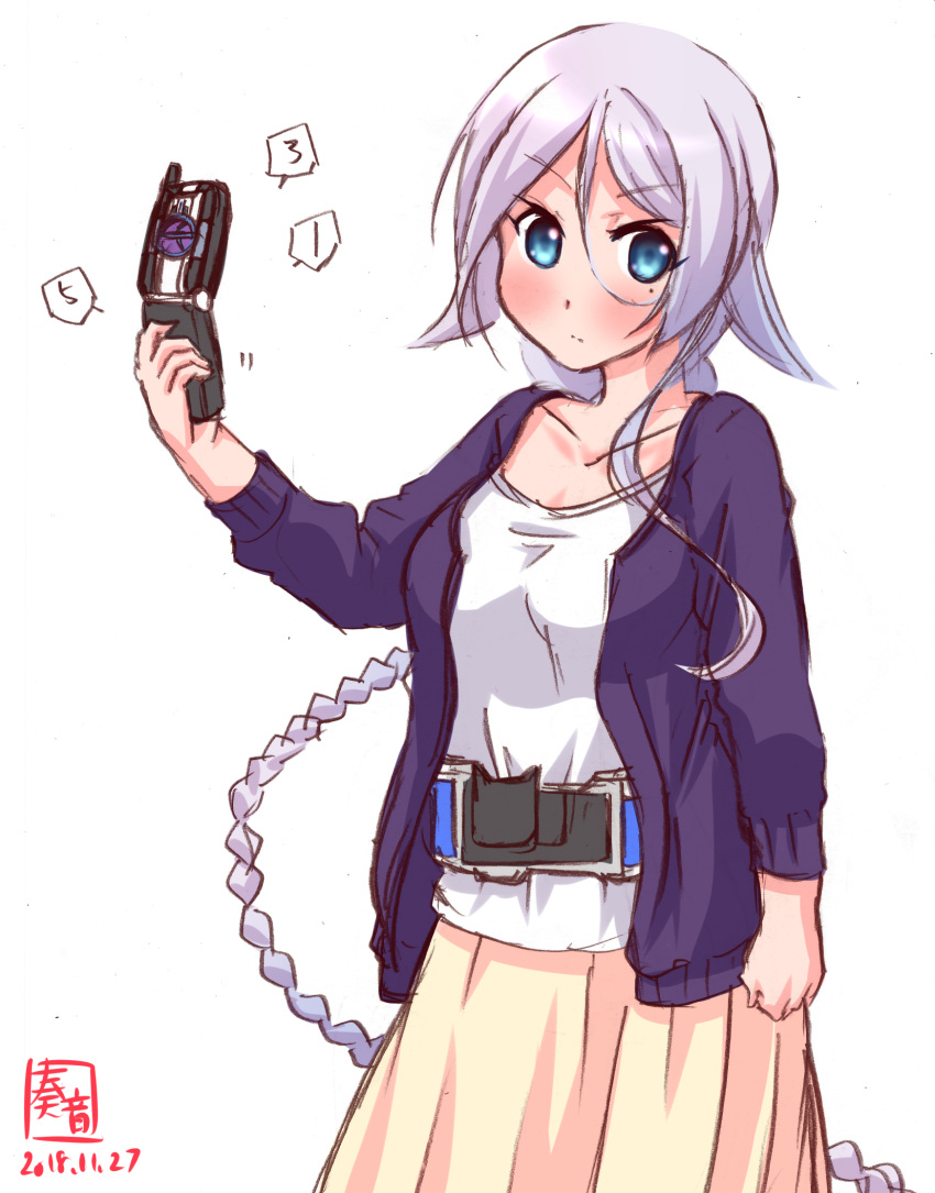 1girl alternate_costume artist_logo belt blouse blue_eyes blue_jacket braid cellphone collarbone cowboy_shot crossover dated hair_over_shoulder highres jacket kamen_rider kamen_rider_555 kamen_rider_psyga kanon_(kurogane_knights) kantai_collection long_hair long_skirt long_sleeves looking_at_viewer mole mole_under_eye parody phone signature silver_hair simple_background single_braid skirt solo transformer umikaze_(kantai_collection) very_long_hair white_background white_blouse white_hair yellow_skirt