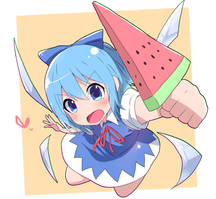 1girl arm_up blue_eyes blue_hair cirno dot_nose food from_above heart holding holding_food kuromu_(underporno) looking_at_viewer looking_up open_mouth popsicle solo touhou watermelon_bar wings
