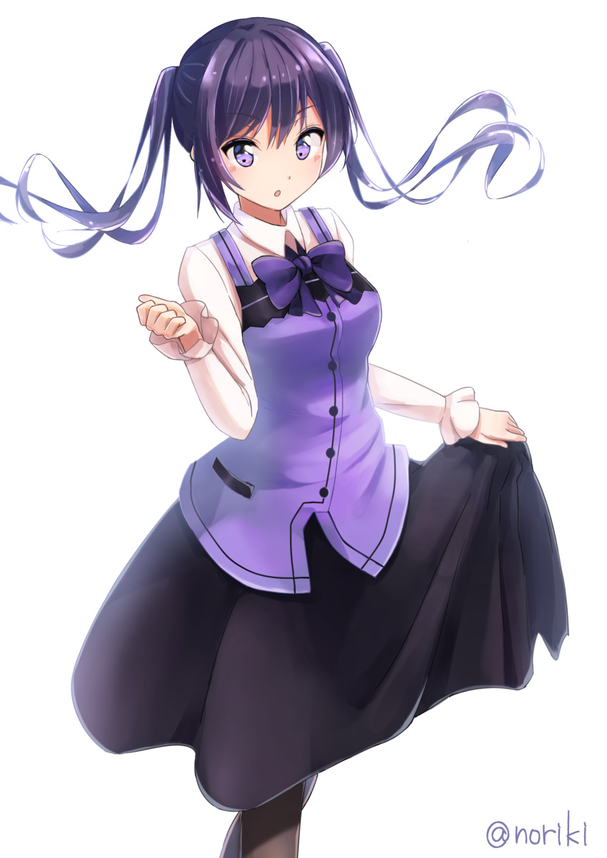 1girl :d absurdres bangs black_skirt blush bow brown_legwear collared_shirt commentary_request eyebrows_visible_through_hair gochuumon_wa_usagi_desu_ka? hair_between_eyes hand_up highres honorikiti long_hair looking_at_viewer open_mouth pantyhose parted_lips purple_bow purple_hair purple_vest rabbit_house_uniform shirt sidelocks simple_background skirt smile solo tedeza_rize twintails twitter_username uniform very_long_hair vest violet_eyes waitress white_background white_shirt