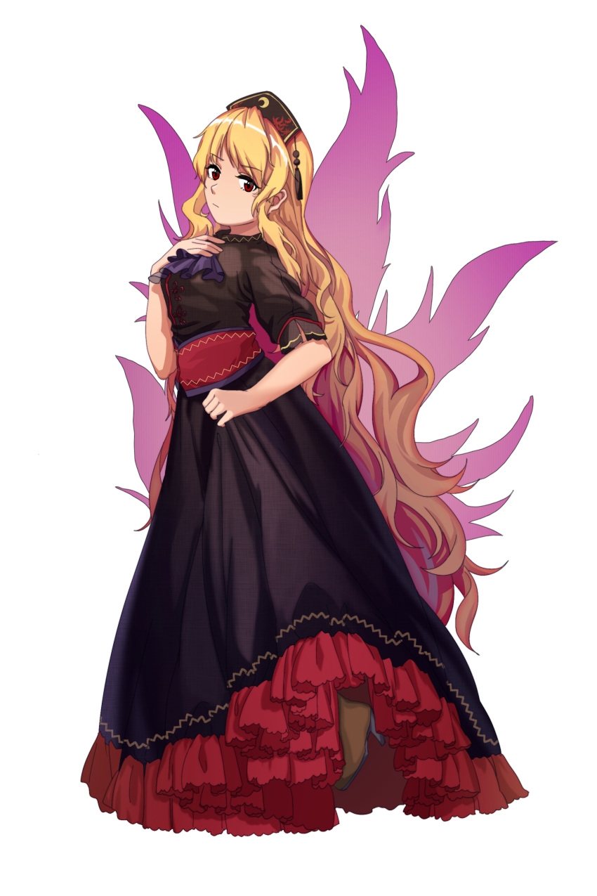 1girl absurdres adapted_costume black_dress black_footwear black_hat blonde_hair brown_legwear closed_mouth cravat crescent dress energy eyebrows_visible_through_hair full_body furahata_gen hand_on_own_chest hat high_heels highres junko_(touhou) long_hair looking_at_viewer pantyhose petticoat purple_neckwear red_eyes sash shoes short_sleeves simple_background skirt_hold solo standing tassel touhou very_long_hair wavy_hair white_background