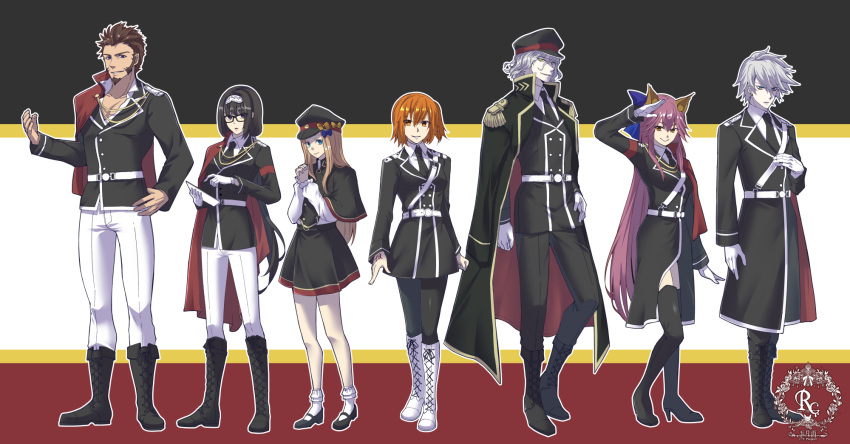 3boys 4girls abigail_williams_(fate/grand_order) animal_ear_fluff animal_ears bangs beard black_capelet black_footwear black_hair black_hat black_jacket black_legwear black_neckwear black_pants black_skirt blue_bow blue_eyes bobby_socks boots bow brown_cape brown_eyes brown_hair cape capelet collared_shirt command_spell commentary_request cross-laced_footwear edmond_dantes_(fate/grand_order) epaulettes eyebrows_visible_through_hair facial_hair fate/apocrypha fate/extra fate/grand_order fate_(series) fox_ears fujimaru_ritsuka_(female) gloves hair_between_eyes hair_bow hairband hand_on_hip hands_clasped hands_up hat hat_bow high_heel_boots high_heels highres holding jacket karna_(fate) knee_boots lace-up_boots light_brown_hair long_sleeves mary_janes military military_jacket military_uniform multicolored multicolored_cape multicolored_clothes multiple_boys multiple_girls napoleon_bonaparte_(fate/grand_order) necktie one_side_up orange_bow orange_hair osakabe-hime_(fate/grand_order) own_hands_together pants pantyhose peaked_cap pleated_skirt purple_hair red_cape satsuki_ame shirt shoes silver_hair skirt socks standing tamamo_(fate)_(all) tamamo_no_mae_(fate) thigh-highs thigh_boots uniform white_footwear white_gloves white_hairband white_legwear white_pants white_shirt yellow_eyes