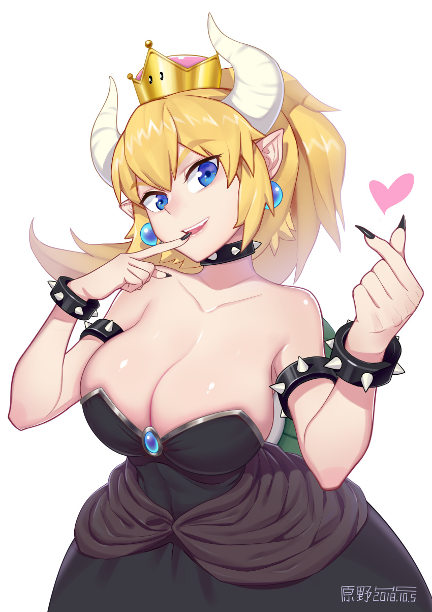 1girl absurdres bare_shoulders black_dress black_nails blonde_hair blue_eyes bowsette breasts brooch cleavage dated earrings heart highres horns large_breasts long_hair looking_at_viewer super_mario_bros. new_super_mario_bros._u_deluxe nintendo open_mouth pointy_ears ponytail signature smile solo spiked_armlet spiked_bracelet spiked_collar super_crown turtle_shell white_background yuanye