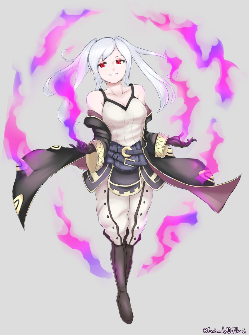 1girl aura belt breasts cleavage dark_aura female_my_unit_(fire_emblem:_kakusei) fire_emblem fire_emblem:_kakusei fire_emblem_heroes full_body gimurei gloves grey_background grimmelsdathird highres long_sleeves my_unit_(fire_emblem:_kakusei) nintendo parted_lips red_eyes simple_background solo tank_top twintails twitter_username white_hair