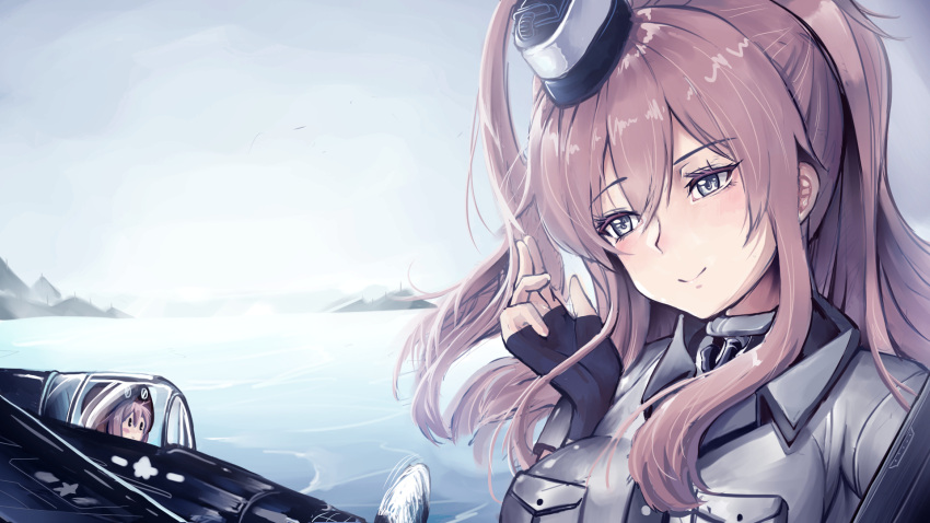 aircraft airplane blue_eyes blush breast_pocket breasts clouds cloudy_sky dress fairy_(kantai_collection) fingerless_gloves gloves hair_between_eyes hair_ornament highres kantai_collection large_breasts long_hair multiple_girls neckerchief ngs_(hkfg4334) outdoors pink_hair pocket ponytail remodel_(kantai_collection) saratoga_(kantai_collection) shirt side_ponytail sidelocks sky smile smokestack water