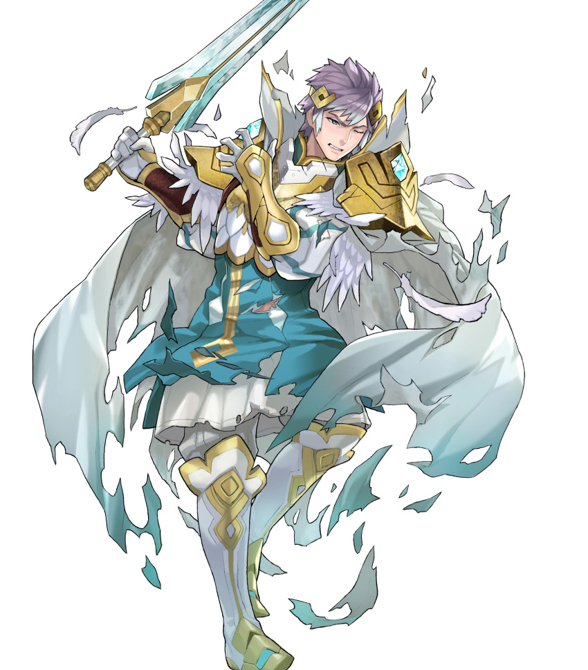 1boy aqua_eyes arm_guards armor bangs blue_hair boots broken_armor cape clenched_teeth feather_trim fire_emblem fire_emblem_heroes full_body gauntlets gloves highres holding holding_sword holding_weapon hrid_(fire_emblem_heroes) knee_boots long_sleeves looking_away maeshima_shigeki male_focus multicolored_hair nintendo non-web_source official_art one_eye_closed pants puffy_sleeves short_hair shoulder_armor silver_hair solo striped sword teeth torn_clothes transparent_background weapon