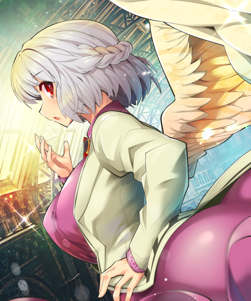 1girl ass braid breasts cowboy_shot feathered_wings from_side hand_to_own_mouth highres kishin_sagume large_breasts looking_at_viewer looking_to_the_side open_mouth red_eyes silver_hair single_wing solo touhou umigarasu_(kitsune1963) wings