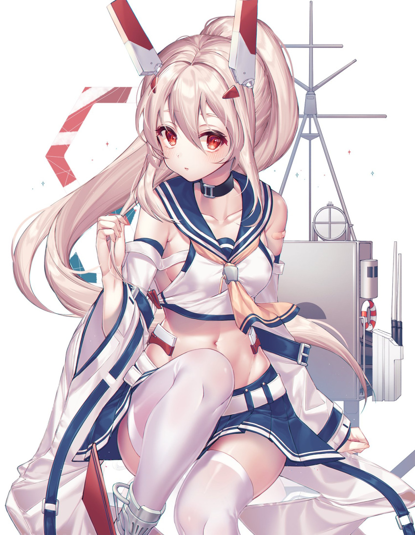 1girl ayanami_(azur_lane) azur_lane belt breasts collarbone detached_sleeves groin hair_ornament highres kinty long_hair looking_at_viewer machinery mechanical_horns medium_breasts midriff navel ponytail red_eyes silver_hair simple_background sitting solo thigh-highs white_background white_legwear