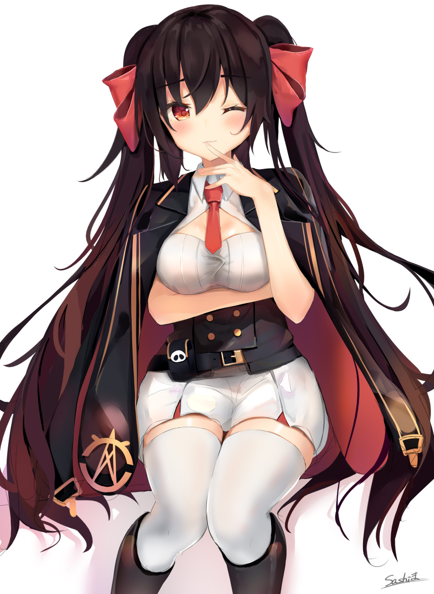1girl absurdres arm_under_breasts bangs belt black_hair blush boots breasts brown_eyes brown_footwear brown_hair buckle cleavage_cutout closed_mouth commentary corset double-breasted eyebrows_visible_through_hair finger_to_mouth girls_frontline gloves gradient_hair hair_between_eyes hair_ribbon highres jacket_on_shoulders knee_boots long_hair looking_at_viewer medium_breasts multicolored_hair necktie one_eye_closed pleated_skirt pouch qbz-97_(girls_frontline) red_neckwear ribbon sashima shirt sidelocks signature simple_background sitting skirt sleeveless sleeveless_shirt smile solo taut_clothes taut_shirt thigh-highs twintails underbust very_long_hair white_legwear white_shirt