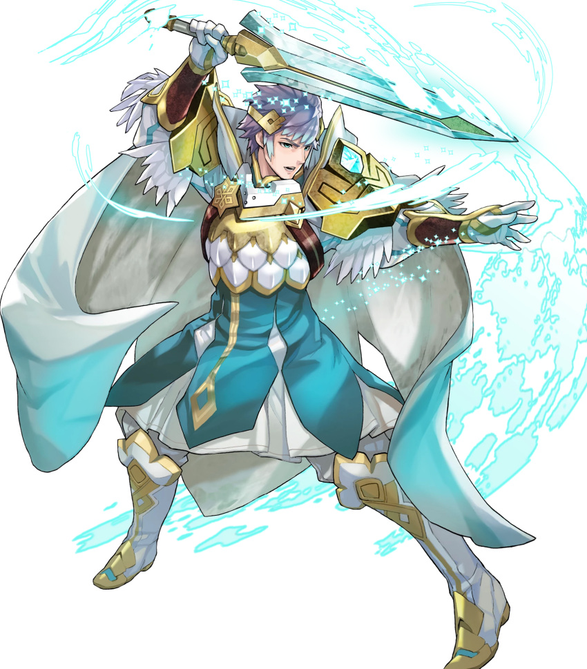 1boy aqua_eyes arm_guards armor bangs blue_hair boots cape feather_trim fighting_stance fire_emblem fire_emblem_heroes full_body gauntlets gloves highres holding holding_sword holding_weapon hrid_(fire_emblem_heroes) knee_boots long_sleeves looking_away maeshima_shigeki male_focus multicolored_hair nintendo non-web_source official_art open_mouth pants puffy_sleeves short_hair shoulder_armor silver_hair solo sparkle striped sword transparent_background weapon