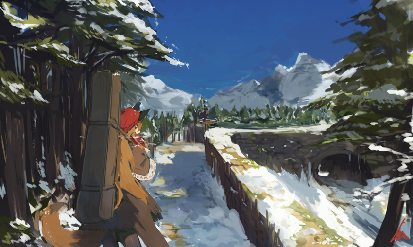1girl animal_ears blue_sky bridge brown_hair brown_skirt case day forest from_behind hat lansane looking_at_viewer looking_back nature original outdoors path red_hat road skirt sky snow solo standing tail tree tsana_(lansane) wolf_ears wolf_tail