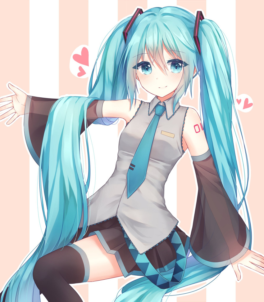 1girl absurdly_long_hair black_legwear black_skirt black_sleeves blue_eyes blue_hair blue_neckwear detached_sleeves eyebrows_visible_through_hair eyes grey_shirt hair_between_eyes hair_ornament hatsune_miku highres invisible_chair long_hair long_sleeves looking_at_viewer miniskirt necktie pianoo123 pleated_skirt see-through shiny shiny_hair shirt sitting skirt sleeveless sleeveless_shirt smile solo thigh-highs twintails very_long_hair vocaloid zettai_ryouiki