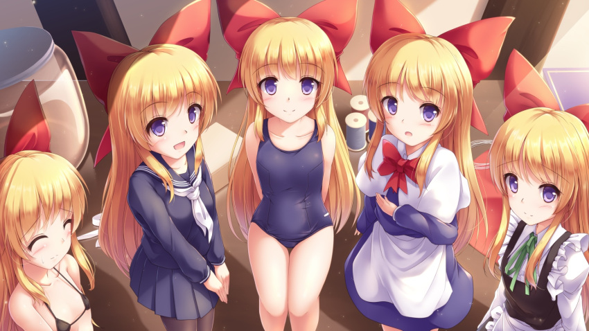 5girls :d :o ^_^ alternate_costume arms_behind_back bikini black_bikini black_legwear blonde_hair blue_serafuku blue_skirt blue_swimsuit bow bowtie breasts capelet closed_eyes closed_eyes commentary_request enmaided eyebrows_visible_through_hair hair_bow hand_on_own_chest highres jar juliet_sleeves long_hair long_sleeves looking_at_viewer lzh maid micro_bikini minigirl multiple_girls open_mouth pantyhose pleated_skirt puffy_sleeves red_bow school_swimsuit shanghai_doll skirt small_breasts smile spool swimsuit touhou v_arms violet_eyes white_capelet white_neckwear