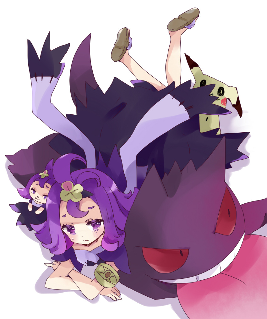 1girl :3 acerola_(pokemon) blush brown_flower brown_footwear character_doll closed_mouth creatures_(company) crossed_arms dress flipped_hair flower game_freak gen_1_pokemon gen_7_pokemon gengar hair_flower hair_ornament highres legs_up looking_at_viewer lying mimikyu nintendo on_stomach pokemon pokemon_(creature) pokemon_(game) pokemon_sm purple_dress purple_hair red_eyes sandals shoe_soles short_sleeves tongue tongue_out tsukiyo_(skymint) violet_eyes white_background