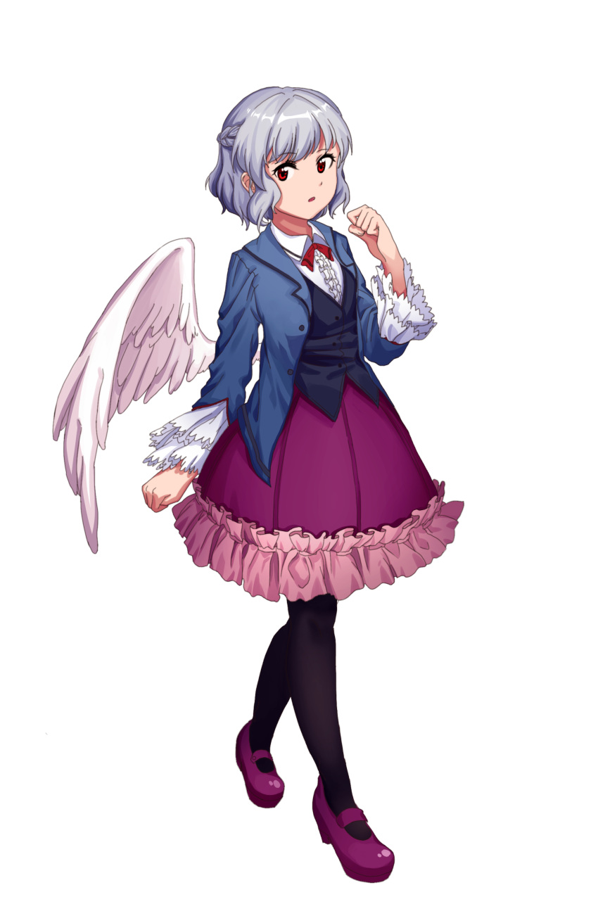 1girl absurdres alternate_costume black_blouse black_legwear blouse blue_jacket braid center_frills collared_shirt dress feathered_wings frilled_dress frills full_body furahata_gen highres jacket kishin_sagume long_sleeves looking_at_viewer pantyhose purple_dress purple_footwear red_eyes red_neckwear shirt shoes short_hair silver_hair simple_background single_wing solo standing touhou white_background white_shirt white_wings wing_collar wings