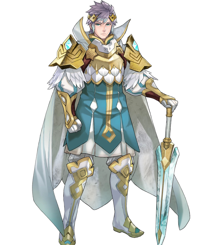 1boy aqua_eyes arm_guards armor bangs blue_hair boots cape clenched_hand closed_mouth feather_trim fire_emblem fire_emblem_heroes full_body gauntlets gloves highres hrid_(fire_emblem_heroes) knee_boots long_sleeves looking_at_viewer maeshima_shigeki male_focus multicolored_hair nintendo non-web_source official_art pants puffy_sleeves short_hair shoulder_armor silver_hair solo standing striped sword transparent_background vertical_stripes weapon