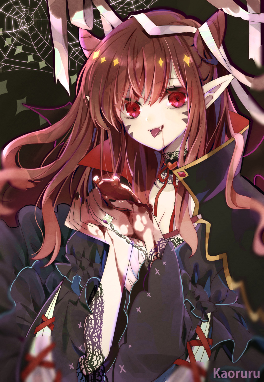 1girl :p absurdres atobesakunolove bandage bangs black_cape black_dress black_nails blood breasts brown_hair cape cleavage commentary_request d.va_(overwatch) dress eyebrows_visible_through_hair fangs fingernails halloween halloween_costume hands_up heart highres horns jewelry long_hair looking_at_viewer nail_polish neck_ribbon overwatch pointy_ears red_eyes red_neckwear red_ribbon ribbon ring signature silk smile solo spider_web tongue tongue_out vampire