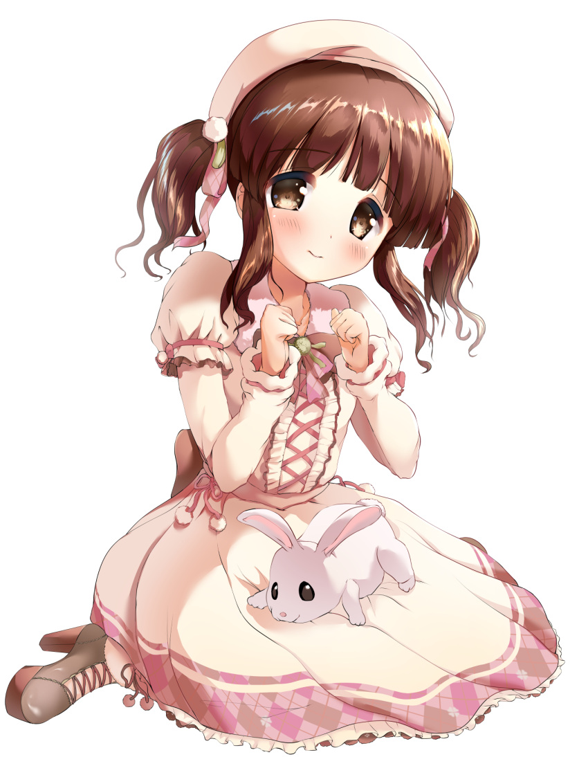 1girl animal bangs beret blush boots bow brown_eyes brown_footwear brown_hair closed_mouth commentary_request dress eyebrows_visible_through_hair frilled_dress frills fur-trimmed_boots fur_trim hair_bow hat head_tilt high_heel_boots high_heels highres idolmaster idolmaster_cinderella_girls kuroba_aki long_hair long_sleeves looking_at_viewer ogata_chieri on_lap pink_bow puffy_short_sleeves puffy_sleeves rabbit short_over_long_sleeves short_sleeves sidelocks simple_background solo twintails white_background white_dress white_hat