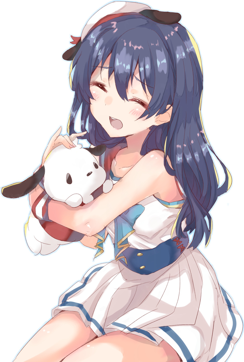 1girl bangs blue_hair closed_eyes commentary_request crossover dog hair_between_eyes hat highres hug long_hair love_live! love_live!_school_idol_project open_mouth pleated_skirt pochacco sailor_collar sanrio school_uniform serafuku simple_background sitting skirt smile sonoda_umi white_skirt