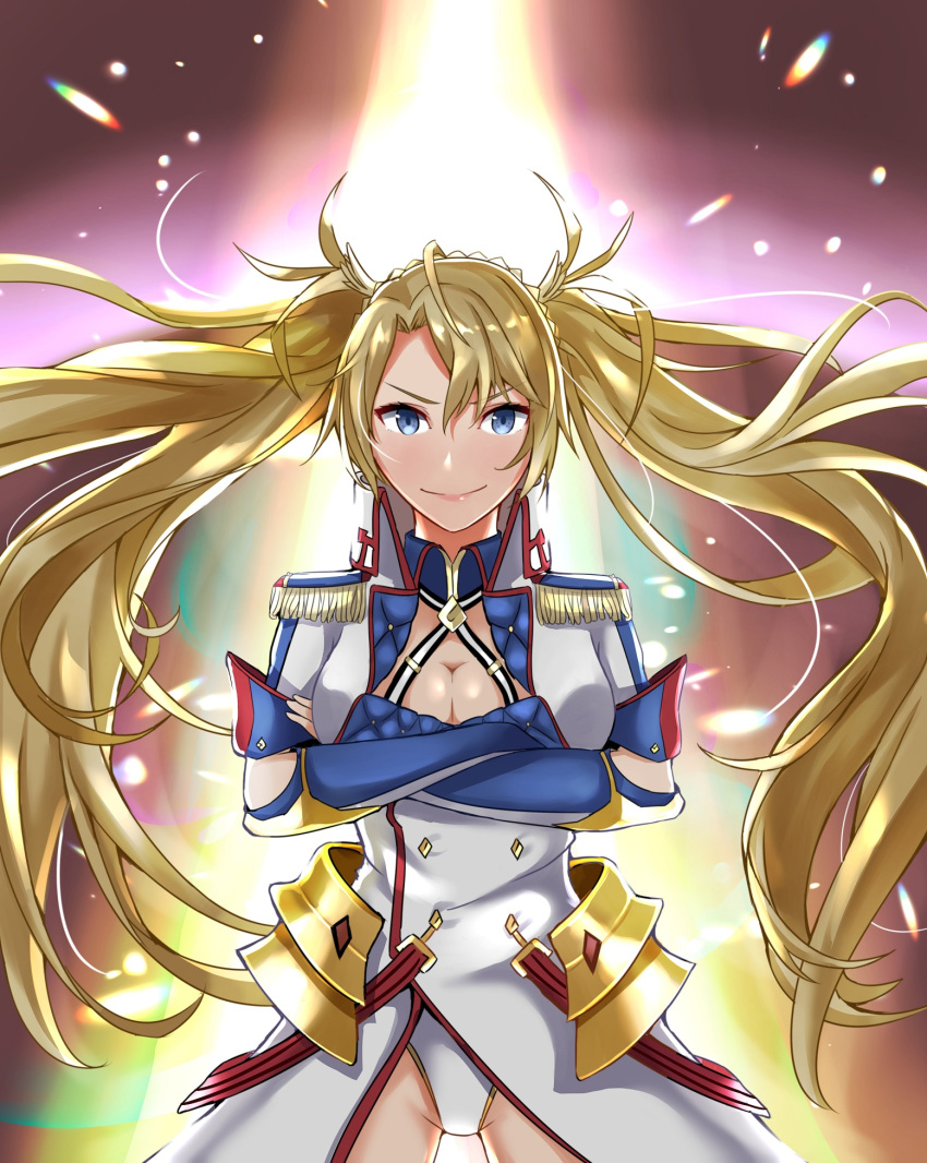 1girl artist_request backlighting bangs blonde_hair blue_eyes blush bradamante_(fate/grand_order) braid breasts buttons cleavage crossed_arms elbow_gloves epaulettes fate/grand_order fate_(series) faulds french_braid gloves hair_between_eyes highres jacket large_breasts leotard light_particles long_hair looking_at_viewer smile solo thighs twintails white_jacket