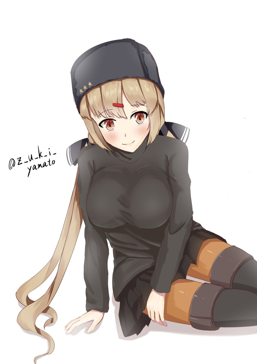 1girl black_bow black_footwear black_hat black_skirt blush boots bow breasts brown_eyes brown_hair brown_legwear closed_mouth eyebrows_visible_through_hair hair_between_eyes hair_bow hat highres kantai_collection large_breasts long_hair looking_at_viewer low_twintails pantyhose papakha simple_background sitting skirt smile solo star tashkent_(kantai_collection) thigh-highs thigh_boots twintails twitter_username white_background zuki