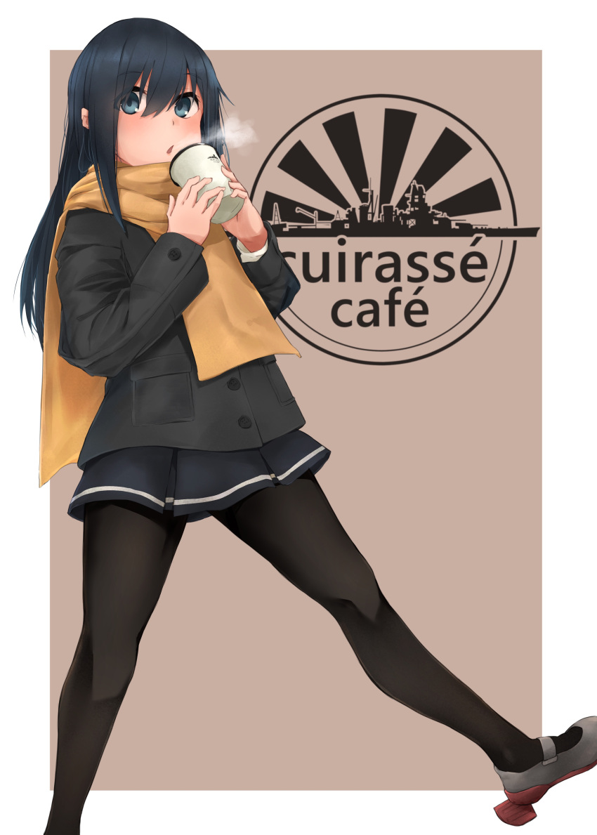 1girl absurdres alternate_costume asashio_(kantai_collection) black_coat black_hair black_legwear blue_eyes blush coat coffee cup dress eyebrows_visible_through_hair gradient gradient_background hair_between_eyes highres kantai_collection kumanoko lips logo long_hair long_sleeves looking_at_viewer pantyhose pinafore_dress remodel_(kantai_collection) scarf school_uniform shirt smoke solo white_shirt yellow_scarf