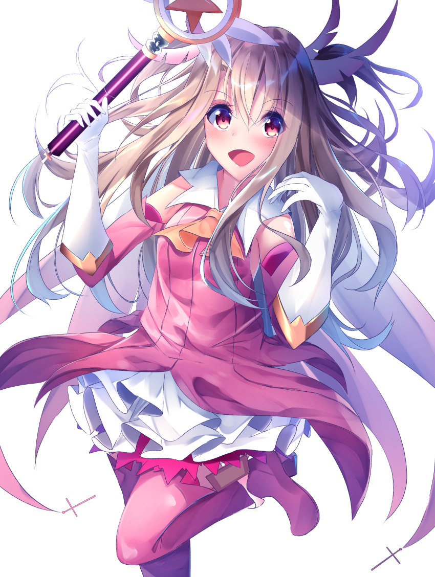 1girl :d absurdres ascot blonde_hair blue_hair blush boots elbow_gloves eyebrows_visible_through_hair fate/kaleid_liner_prisma_illya fate_(series) feathers floating_hair gloves gradient_hair hair_between_eyes hair_feathers highres holding holding_staff layered_skirt leg_up long_hair magical_girl magical_ruby multicolored_hair open_mouth orange_neckwear pink_feathers pink_footwear pink_shirt pleated_skirt prisma_illya red_eyes shirt simple_background skirt sleeveless sleeveless_shirt smile solo staff standing standing_on_one_leg suisen-21 thigh-highs thigh_boots two-tone_hair very_long_hair white_background white_gloves white_skirt