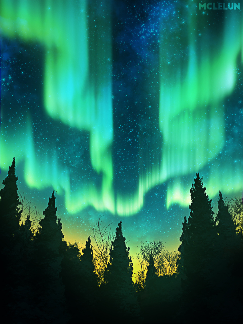 aurora commentary english_commentary forest highres making_of mclelun nature night night_sky no_humans original outdoors scenery signature sky star_(sky) starry_sky