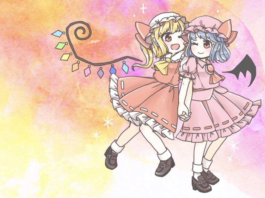 2girls :d absurdres bat_wings bow brown_footwear crystal fang flandre_scarlet frilled_shirt frilled_skirt frilled_sleeves frills hand_holding hat highres looking_at_another medium_hair mob_cap multicolored multicolored_background multiple_girls one_eye_closed open_mouth pink_hat pink_skirt pink_vest puffy_sleeves rainbow_wings red_bow red_eyes red_ribbon red_skirt red_vest remilia_scarlet ribbon salt_(seasoning) shirt short_sleeves skirt smile socks touhou vest white_hat wings yellow_neckwear