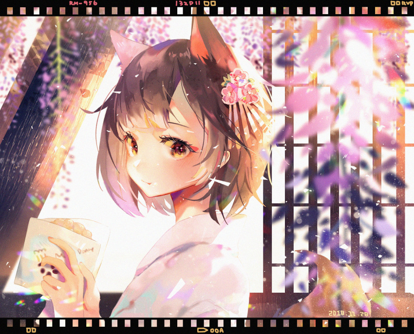 1girl :p animal_ear_fluff animal_ears bangs blurry blurry_foreground blush brown_eyes brown_hair commentary_request depth_of_field doughnut fingernails flower food french_cruller hair_flower hair_ornament hands_up highres holding holding_food japanese_clothes kimono looking_at_viewer looking_to_the_side mao_ge original pink_flower short_hair solo tail tail_raised tongue tongue_out upper_body white_kimono