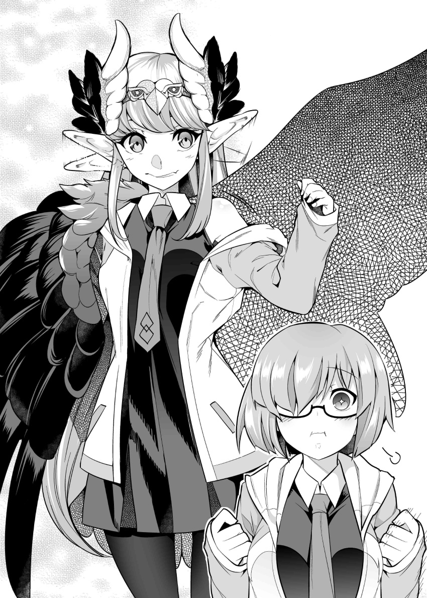 2girls :t absurdres black_dress black_legwear blush breasts circe_(fate/grand_order) closed_mouth cosplay dress fate/grand_order fate_(series) feathered_wings glasses greyscale head_wings highres ichihara_kazuma jacket jewelry long_hair looking_at_viewer mash_kyrielight mash_kyrielight_(cosplay) monochrome multiple_girls necktie open_mouth pantyhose pointy_ears pout short_hair smile wings