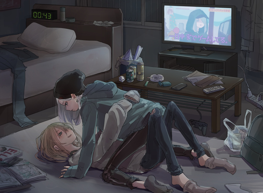 2girls ankle_socks ashtray bed beer_can blonde_hair can cellphone cigarette cigarette_box clock commentary controller digital_clock game_controller hat highres hood hoodie indoors multiple_girls on_floor original partially_translated phone remote_control silver_hair sleeves_past_wrists smartphone straddling tabao television translation_request trash_can yuri