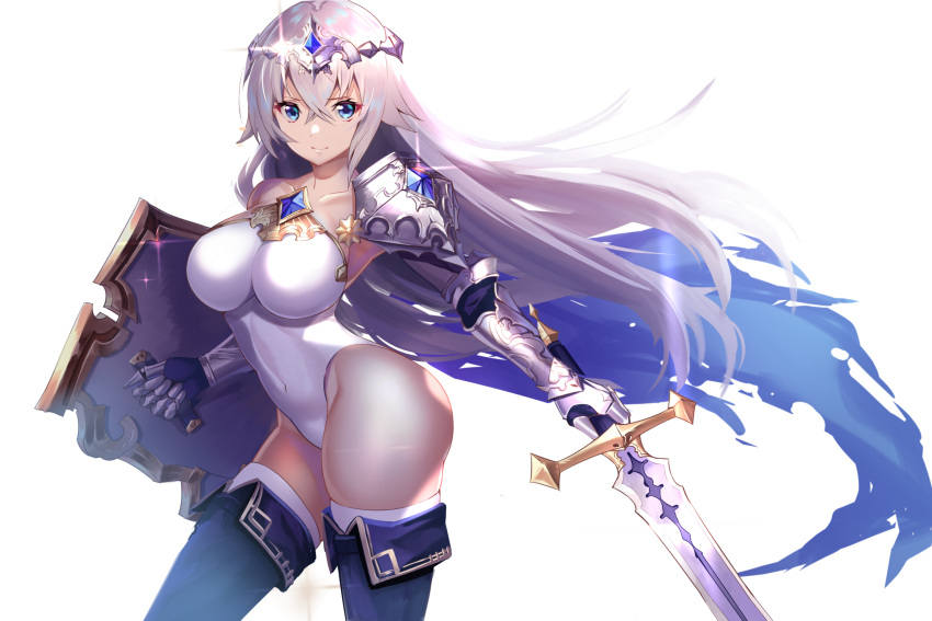1girl blue_eyes blush boots breasts covered_navel gauntlets hachirobe headpiece highres large_breasts leotard long_hair looking_at_viewer original pauldrons shield silver_hair simple_background solo sword thigh-highs thigh_boots weapon white_leotard