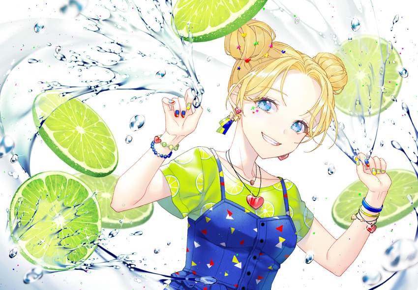 1girl blonde_hair blue_eyes bow_earrings bracelet double_bun earrings food fruit green_shirt grin heart heart_bracelet heart_earrings heart_necklace jewelry lime_(fruit) lime_print looking_at_viewer nail_art original ribbonari shirt short_sleeves smile solo splashing t-shirt