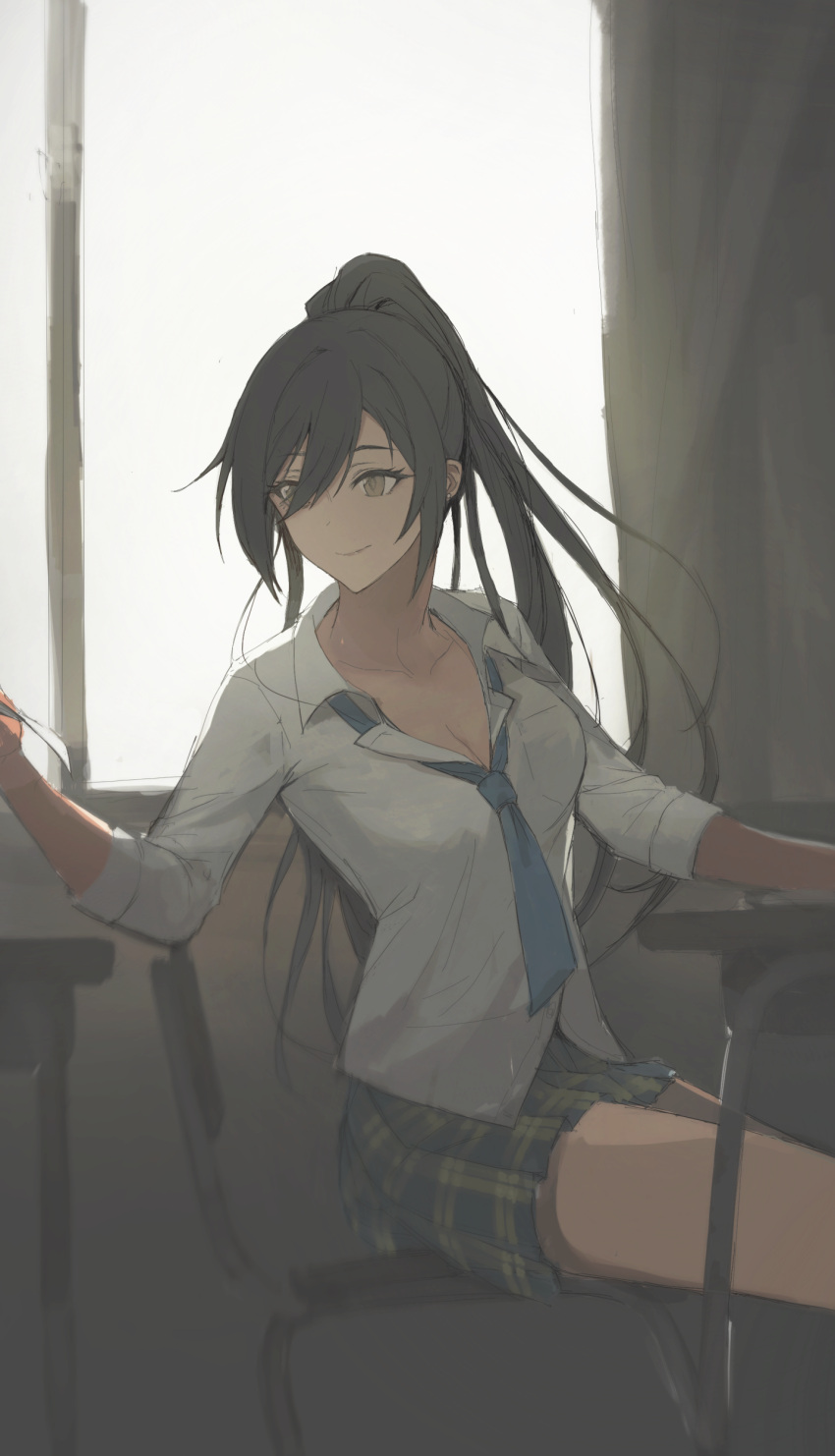 1girl absurdres bangs black_hair breasts brown_eyes chair cleavage closed_mouth collarbone collared_shirt desk dress_shirt earrings green_neckwear hair_between_eyes high_ponytail highres idolmaster idolmaster_shiny_colors jewelry legs long_hair loose_necktie medium_breasts miniskirt mmmkawaine necktie open_clothes open_shirt plaid plaid_skirt pleated_skirt ponytail school_chair school_desk school_uniform shirase_sakuya shirt sitting skirt sleeves_rolled_up smile solo unbuttoned white_shirt