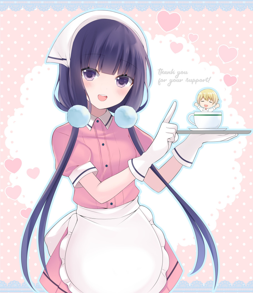 1girl :d absurdres apron bangs black_hair blend_s blunt_bangs blush cowboy_shot cup dress eyebrows_visible_through_hair gloves highres holding holding_plate index_finger_raised long_hair looking_at_viewer low_twintails maid miniskirt open_mouth pink_dress pink_skirt plate sakuranomiya_maika shiratoriko short_sleeves skirt smile solo standing teacup twintails very_long_hair violet_eyes waist_apron white_apron white_gloves