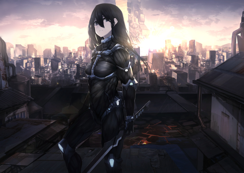 1girl absurdres black_hair bodysuit building cityscape copyright_request fixro2n frown grey_eyes hair_between_eyes highres holding holding_sword holding_weapon house huge_filesize long_hair looking_at_viewer official_art pale_skin power_suit rooftop science_fiction skin_tight skyscraper sun_glare sword weapon