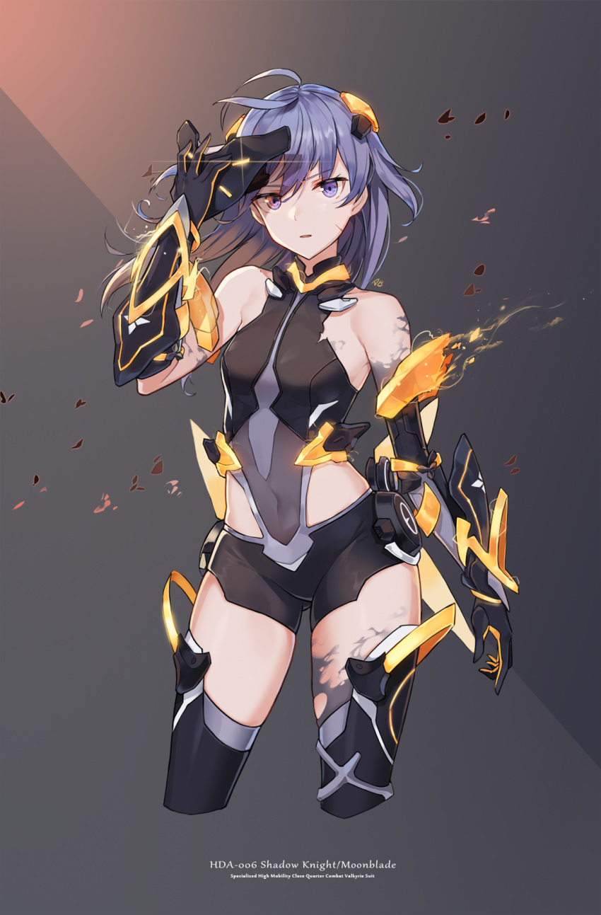 1girl aliceblue arm_strap artist_name bangs black_bodysuit black_gloves blue_eyes bodysuit breasts character_name covered_navel cropped_legs damaged elbow_gloves eyebrows_visible_through_hair floating_hair fu_hua_(honkai_impact) gauntlets gloves hair_between_eyes hair_ornament highres holding holding_mask honkai_impact lightning long_hair looking_at_viewer mask medium_breasts open_mouth power_suit shadow_knight_(honkai_impact) side_cutout sidelocks skindentation sleeveless_bodysuit solo thigh-highs tied_hair