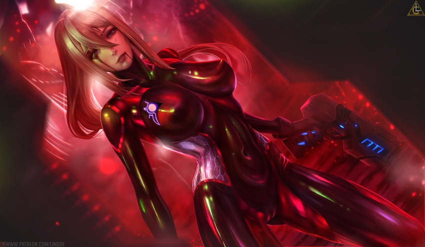 1girl blonde_hair blood blood_from_mouth blood_on_face bodysuit breasts commentary covered_navel dark_samus dutch_angle english_commentary erect_nipples facing_viewer gun hair_between_eyes high_ponytail holding holding_gun holding_weapon large_breasts limgae long_hair looking_at_viewer metroid nintendo parted_lips ponytail samus_aran skin_tight solo varia_suit weapon zero_suit