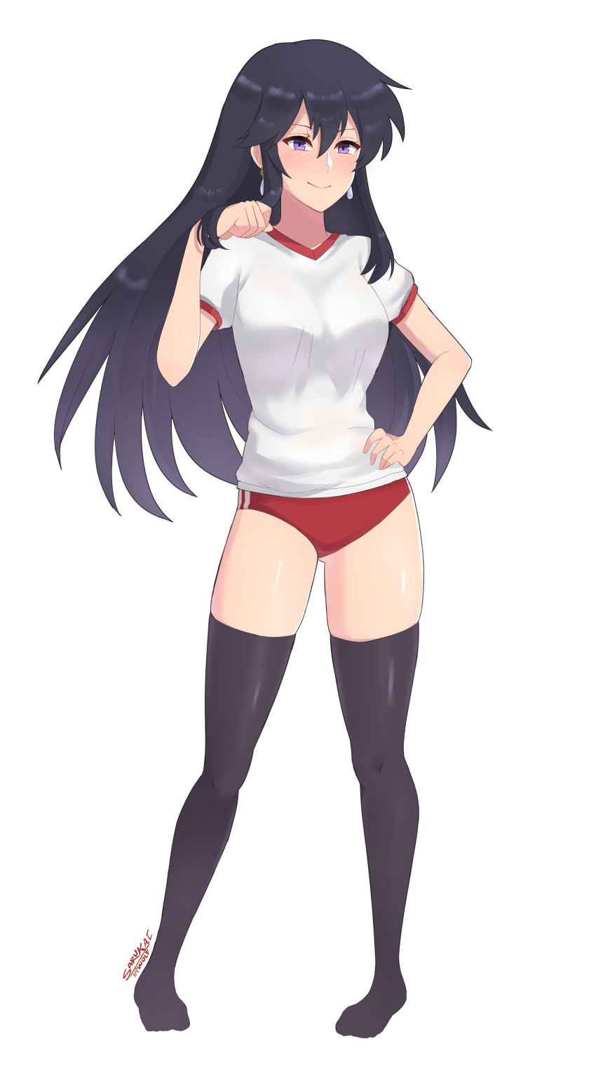 1girl absurdres aira_(fire_emblem) black_hair blue_buruma buruma eyebrows_visible_through_hair fire_emblem fire_emblem:_seisen_no_keifu fire_emblem_heroes gym_shirt gym_uniform highres kneehighs long_hair looking_at_viewer name_tag nintendo open_mouth sarukaiwolf shirt solo