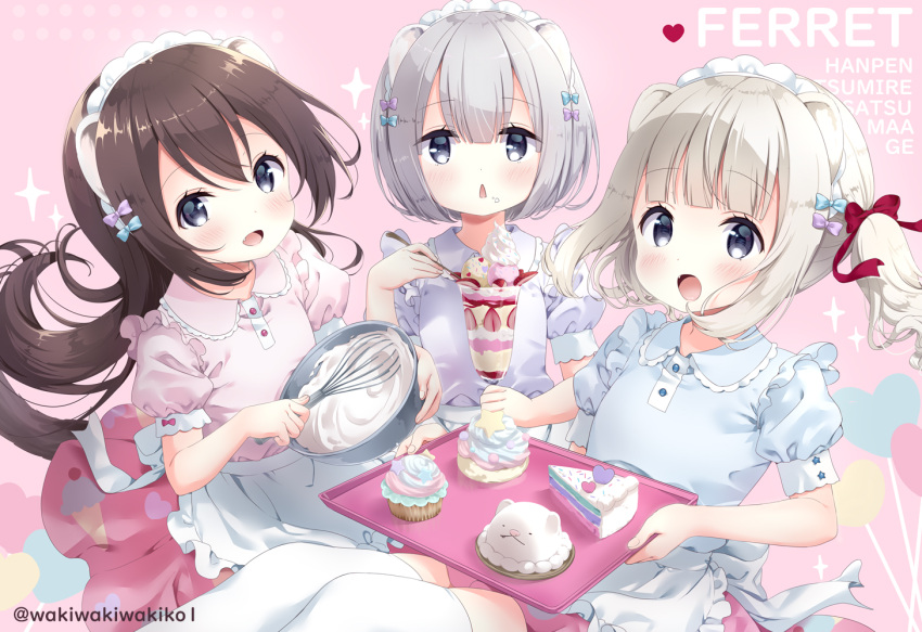 3girls :d animal_ears apron bangs blue_bow blue_shirt blush bow bowl brown_hair cake collared_shirt commentary_request cream cupcake eyebrows_visible_through_hair fang ferret_ears ferret_tail food food_on_face grey_eyes grey_hair hair_between_eyes hair_bow heart holding holding_bowl holding_spoon holding_tray light_brown_hair long_hair looking_at_viewer maid_headdress multiple_girls neki_(wakiko) open_mouth original parfait parted_lips pink_shirt puffy_short_sleeves puffy_sleeves purple_bow purple_shirt red_bow red_skirt shirt short_hair short_sleeves skirt slice_of_cake smile sparkle spoon thigh-highs tray twintails twitter_username very_long_hair waist_apron whisk white_apron white_legwear
