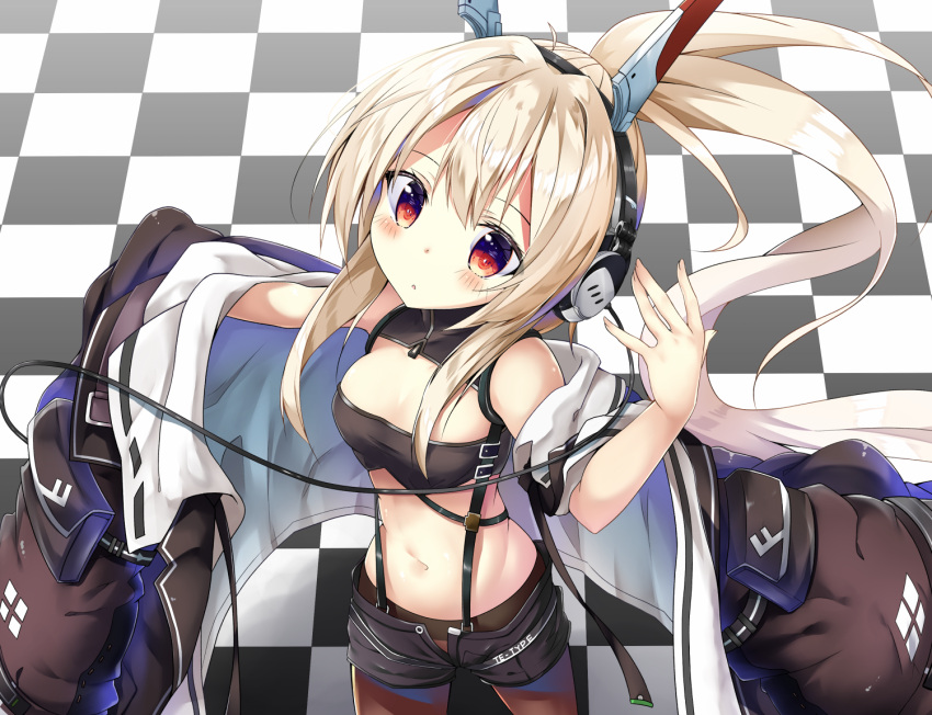 1girl ahoge ayanami_(azur_lane) azur_lane bangs black_jacket black_legwear black_shirt black_shorts blonde_hair blush breasts cable checkered checkered_floor cleavage_cutout closed_mouth commentary_request cowboy_shot crop_top expressionless from_above hand_up head_tilt headgear headphones jacket legs_apart long_hair long_sleeves looking_at_viewer maritaki medium_breasts midriff navel off_shoulder open_clothes open_fly open_jacket outstretched_arm pantyhose pantyhose_under_shorts ponytail red_eyes shadow shirt short_shorts shorts sidelocks solo standing stomach suspenders turtleneck very_long_hair