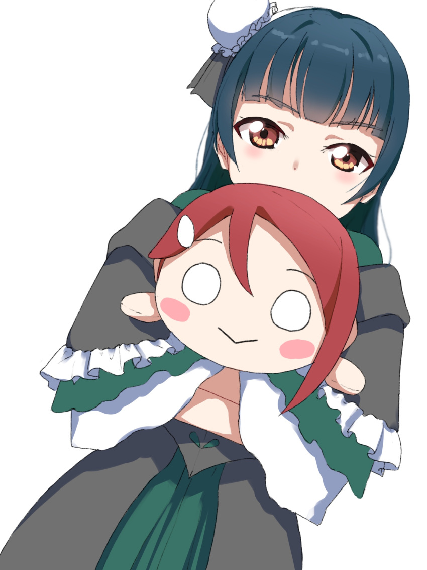 1girl bangs blue_hair covered_face dark_blue_hair doll_hug highres love_live! love_live!_sunshine!! nesoberi qwyte sakurauchi_riko simple_background stuffed_toy tsushima_yoshiko white_background yellow_eyes