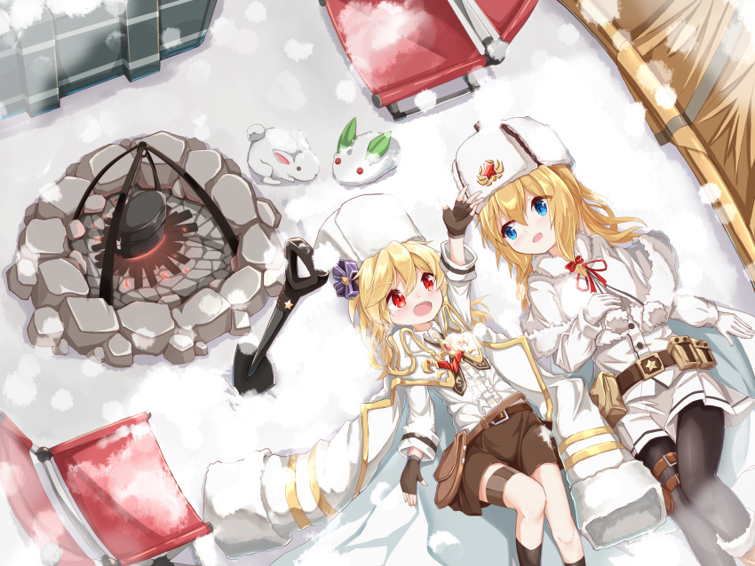 2girls absurdres blonde_hair blue_eyes campfire fur_hat girls_frontline hat highres jacket lying matsuo_(matuonoie) mosin-nagant_(girls_frontline) multiple_girls nagant_revolver_(girls_frontline) on_back rabbit red_eyes siblings sisters snow snow_bunny ushanka