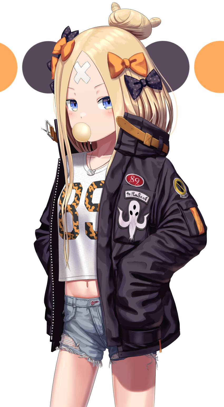 1girl abigail_williams_(fate/grand_order) absurdres bangs black_bow black_jacket blonde_hair blue_eyes blue_shorts blush bow bubble_blowing chewing_gum clothes_writing commentary_request cowboy_shot crossed_bandaids cutoffs denim fate/grand_order fate_(series) groin hair_bow hair_bun hands_in_pockets heroic_spirit_traveling_outfit highres jacket jewelry long_hair long_sleeves looking_at_viewer midriff navel open_clothes open_jacket orange_bow parted_bangs pendant polka_dot polka_dot_bow sanbe_futoshi shirt short_shorts shorts sleeves_past_fingers sleeves_past_wrists solo very_long_hair white_background white_shirt