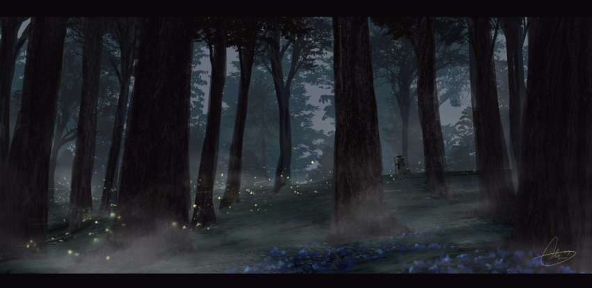 1other aki_(aki_k6) blue_flower fireflies flower forest hat highres holding letterboxed nature night original outdoors scenery signature solo tree