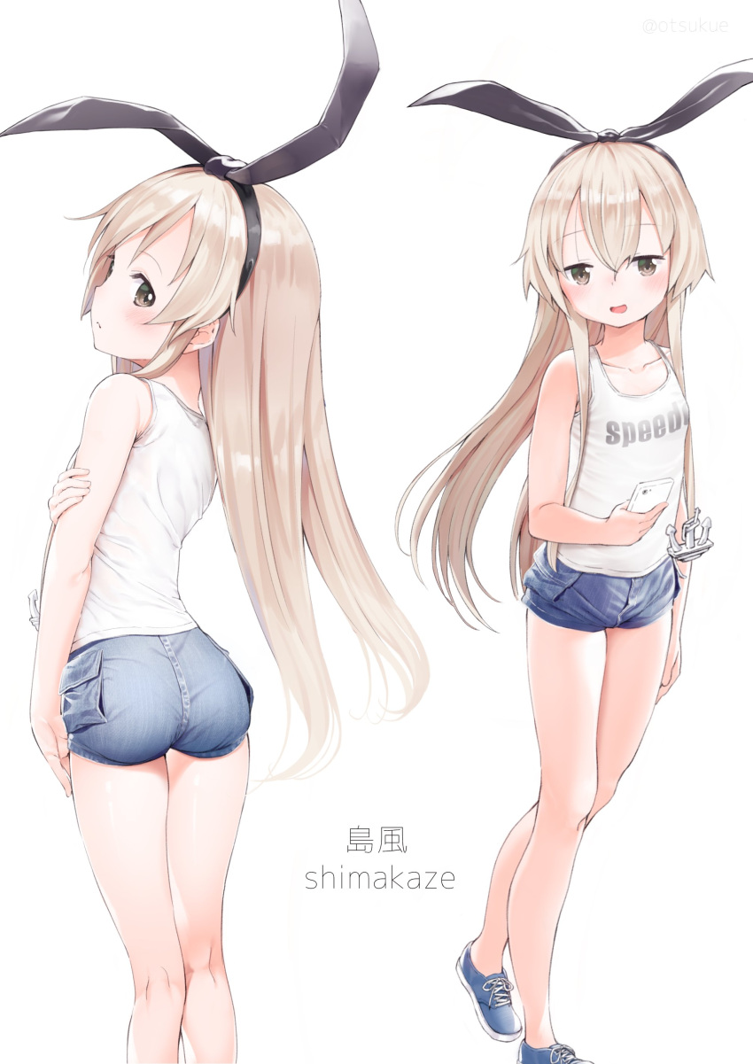 1girl absurdres alternate_costume ass black_hairband blonde_hair blue_footwear blue_shorts brown_eyes casual character_name commentary_request denim denim_shorts dx_(dekusu) flat_chest from_behind full_body hairband highres kantai_collection long_hair multiple_views shimakaze_(kantai_collection) shirt shoes shorts simple_background sleeveless sleeveless_shirt sneakers tank_top white_background white_shirt