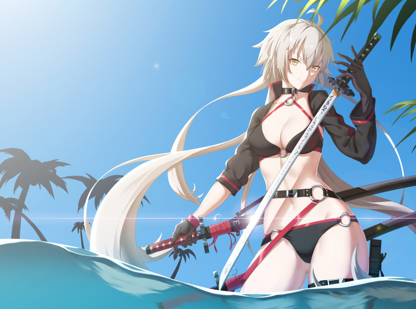 1girl absurdres ahoge ass_visible_through_thighs bangs belt bikini black_bikini black_gloves blue_sky blush breasts cleavage closed_mouth collarbone crop_top day eyebrows_visible_through_hair fate_(series) gloves hair_between_eyes highres huge_filesize jeanne_d'arc_(alter)_(fate) jeanne_d'arc_(fate) jeanne_d'arc_(fate)_(all) long_hair looking_at_viewer medium_breasts navel ocean outdoors palm_tree silver_hair sky smile solo standing swimsuit sword tree very_long_hair weapon yellow_eyes yurix
