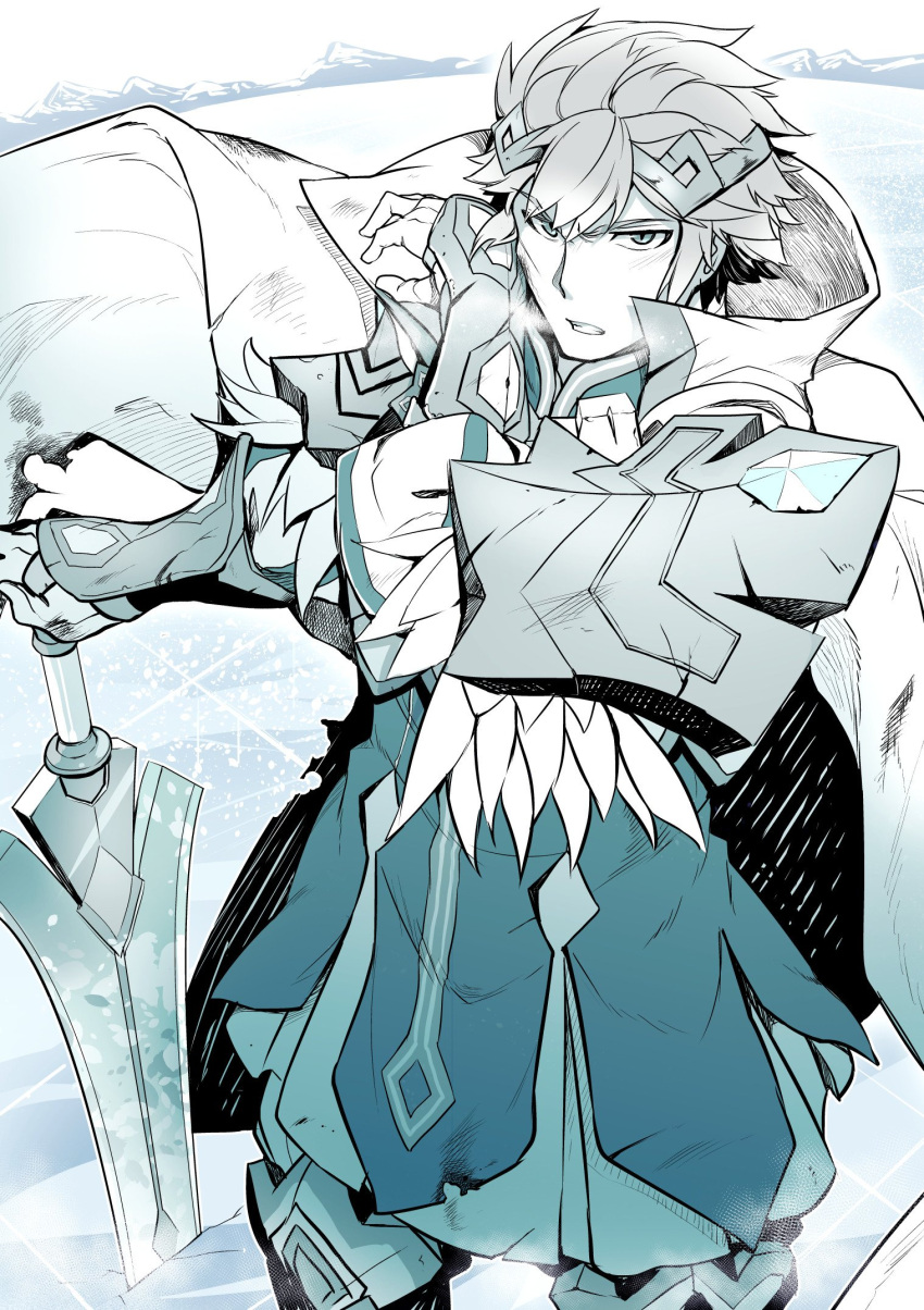 1boy arm_guards armor bangs boots cape commentary_request crown eyebrows_visible_through_hair feather_trim fire_emblem fire_emblem_heroes gloves hand_up highres hrid_(fire_emblem_heroes) long_sleeves looking_at_viewer male_focus nakabayashi_zun nintendo open_mouth shoulder_armor simple_background sword weapon